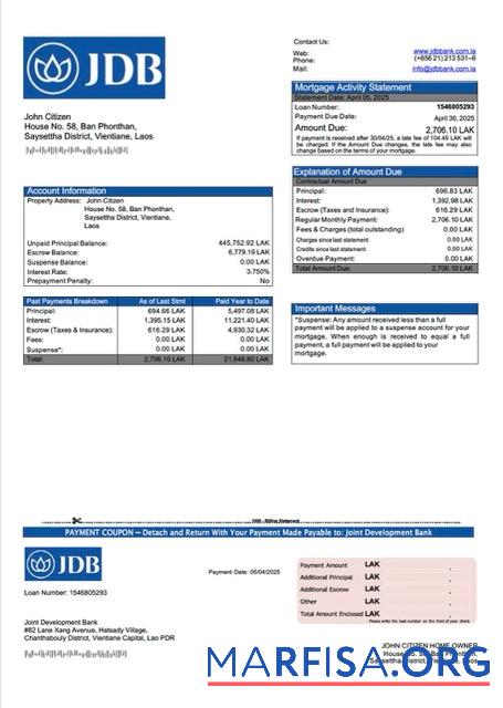 Downloadable Laos Joint Development Bank mortgage statement Word and PDF template